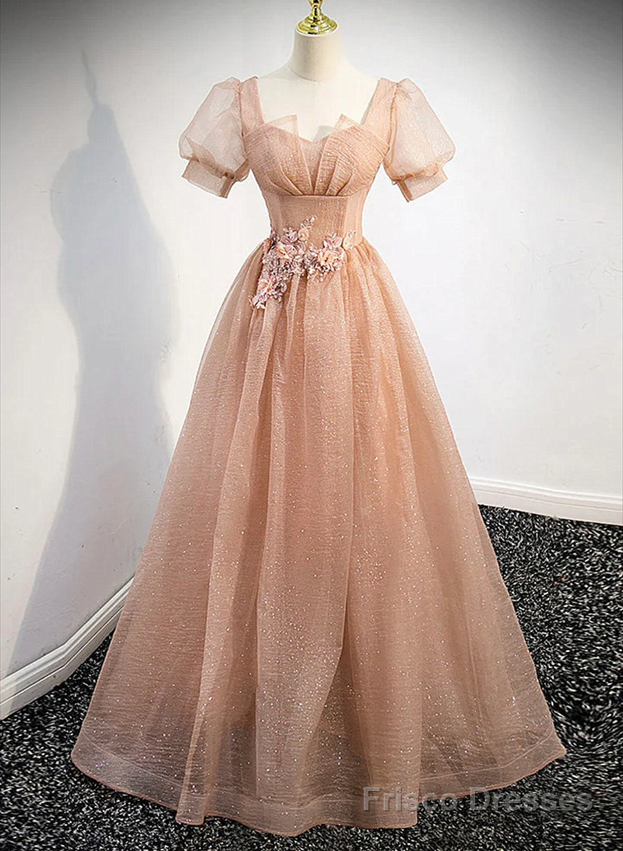 Pink Short Sleeves Tulle Party Dress, A-line Flower Lace Prom Dress Secondary image