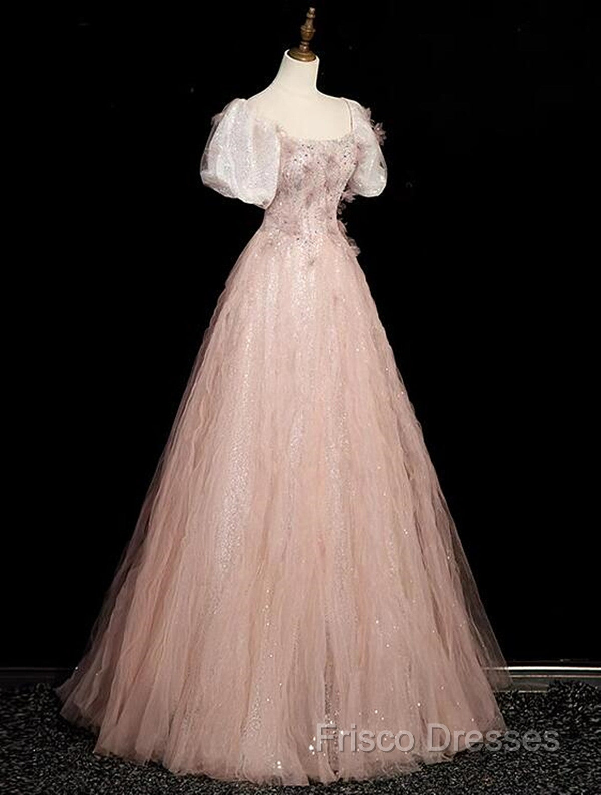 Pink Short Sleeves Tulle Sequins Long Party Dress, Pink Tulle Formal Prom Dress Secondary image