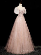 Pink Short Sleeves Tulle Sequins Long Party Dress, Pink Tulle Formal Prom Dress