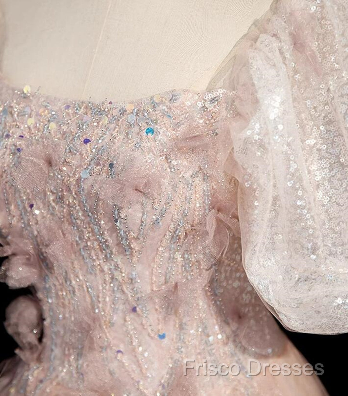 Pink Short Sleeves Tulle Sequins Long Party Dress, Pink Tulle Formal Prom Dress