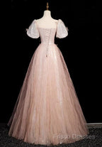 Pink Short Sleeves Tulle Sequins Long Party Dress, Pink Tulle Formal Prom Dress