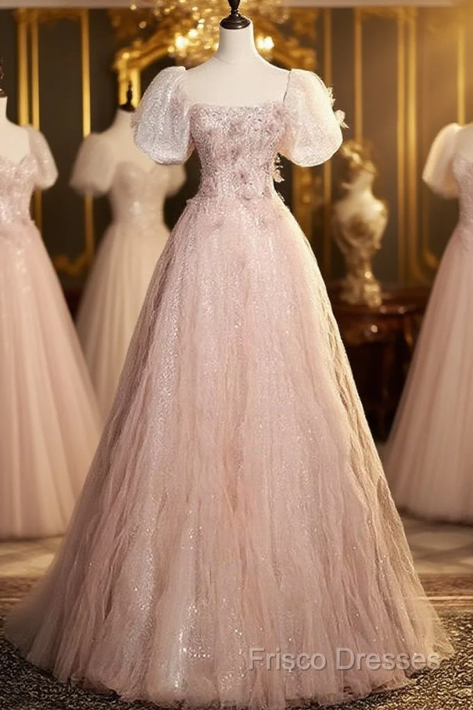 Pink Short Sleeves Tulle Sequins Long Party Dress, Pink Tulle Formal Prom Dress Main image
