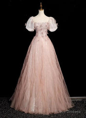Pink Short Sleeves Tulle Sequins Long Party Dress, Pink Tulle Prom Dress