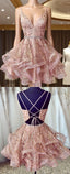 pink sleeveless v-neck spaghetti-straps sequins applique beaded homecoming Dress
