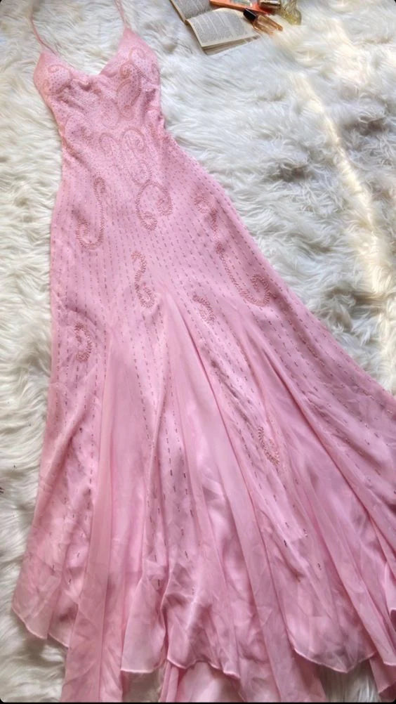 Pink Spaghetti Strap Beaded A-Line Long Elegant Ball Gown Evening Dress Party Dress Secondary image