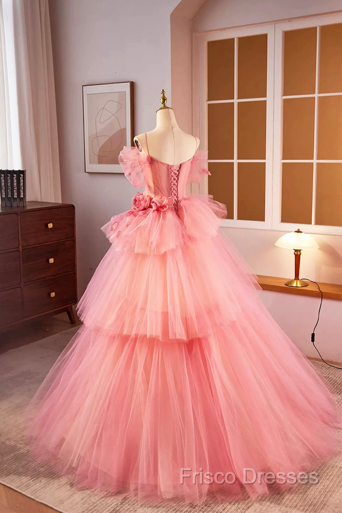Pink Spaghetti Strap Tulle Long Formal Prom Dress, Beautiful A-Line Formal Sweet 16 Dress