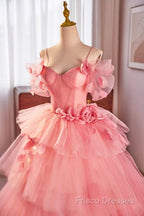 Pink Spaghetti Strap Tulle Long Formal Prom Dress, Beautiful A-Line Formal Sweet 16 Dress