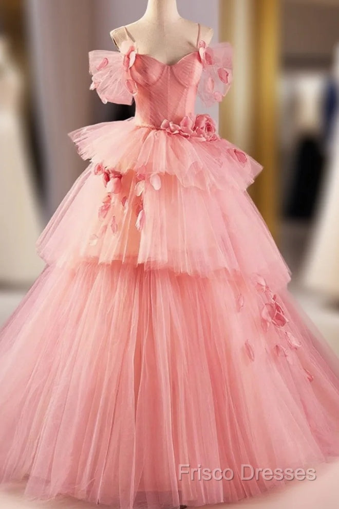 Pink Spaghetti Strap Tulle Long Formal Prom Dress, Beautiful A-Line Formal Sweet 16 Dress Main image