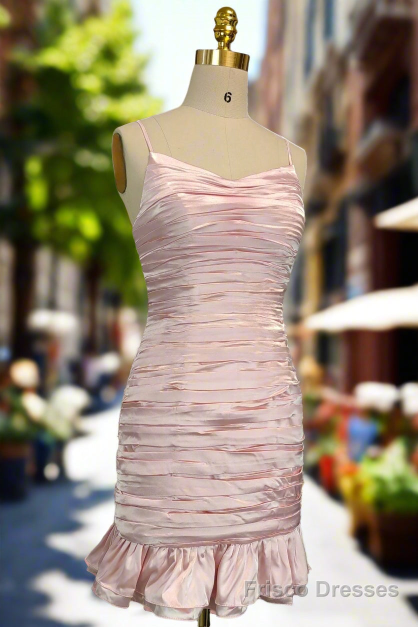 Pink Spaghetti Straps Homecoming Dresses Simple Satin Mini Dresses Secondary image