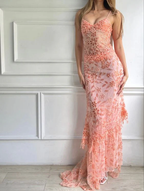 Pink Spaghetti Straps Lace Beading Gorgeous Mermaid Evening Dress