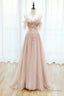 Pink Spaghetti Straps Lace Long Prom Dress, A-Line Evening Graduation Dress