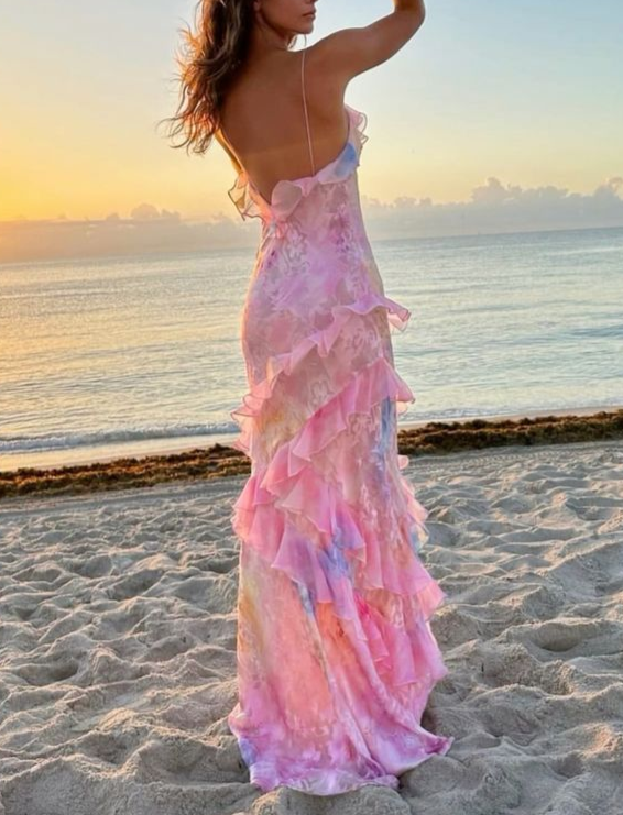 Pink Spaghetti Straps Backless Ruffles Long Prom Dress Secondary image