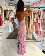 Pink Spaghetti Straps Backless Ruffles Long Prom Dress