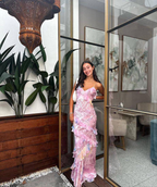 Pink Spaghetti Straps Backless Ruffles Long Prom Dress