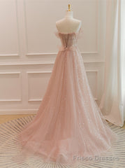 Pink Sparkle Tulle with Beadings Long A-line Formal Dress, Pink Tulle Sweetheart Prom Dress