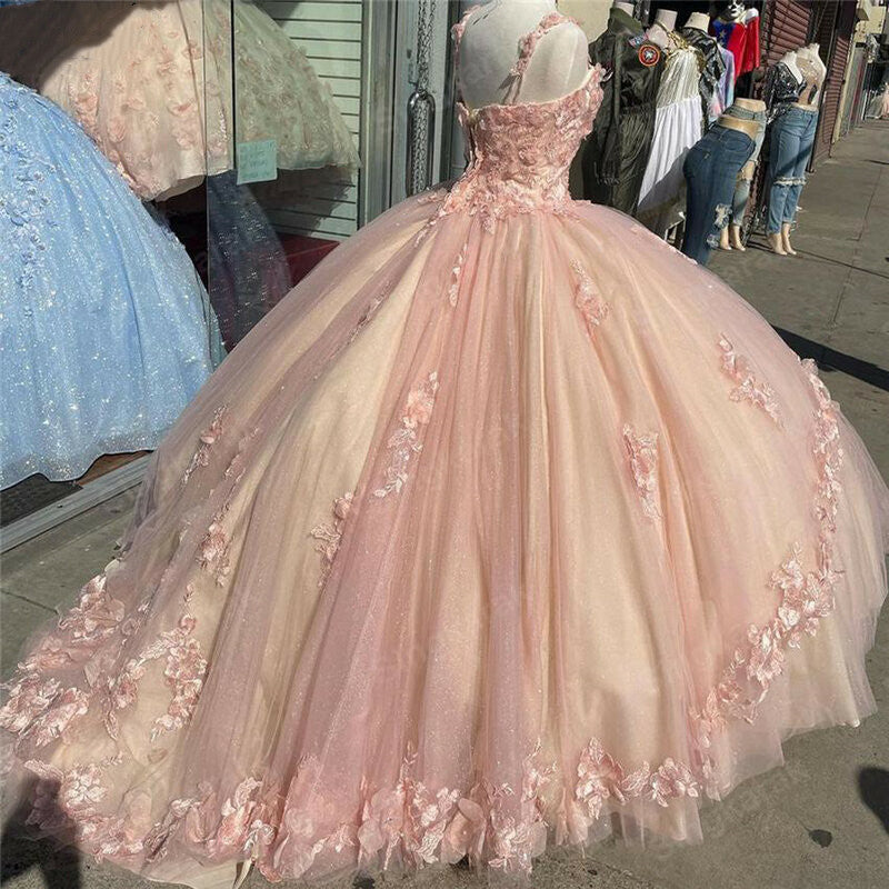 Pink Sparkly Quinceanera Prom Dresses Lace Flower Sweet 16 Tulle Party Ball Gown Secondary image