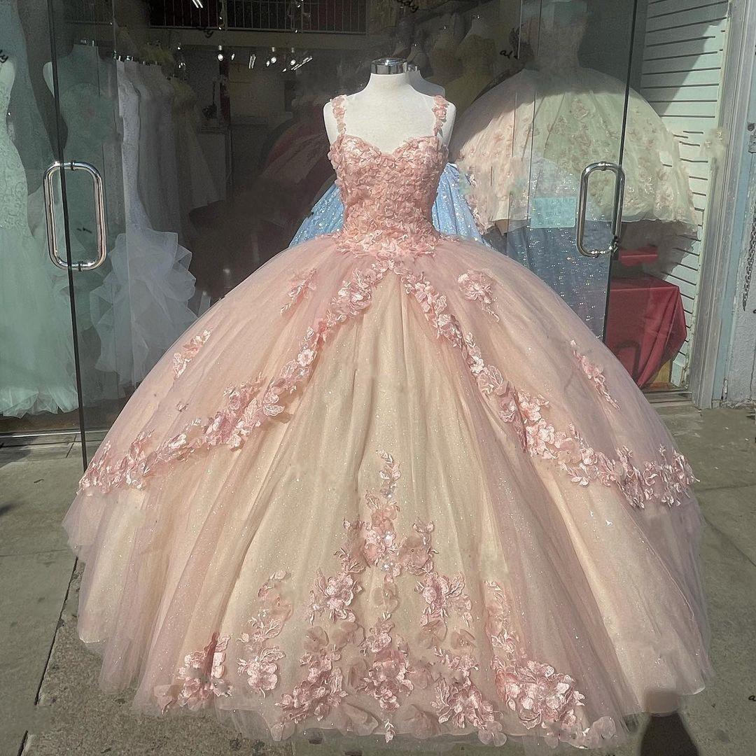 Pink Sparkly Quinceanera Prom Dresses Lace Flower Sweet 16 Tulle Party Ball Gown Main image