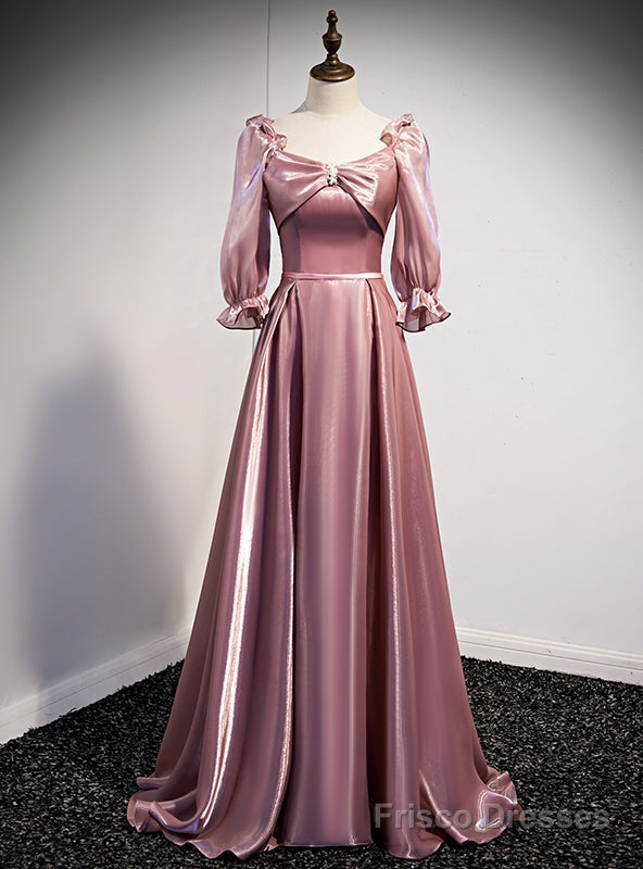 Pink Square Short Sleeve Pearls Prom Dress