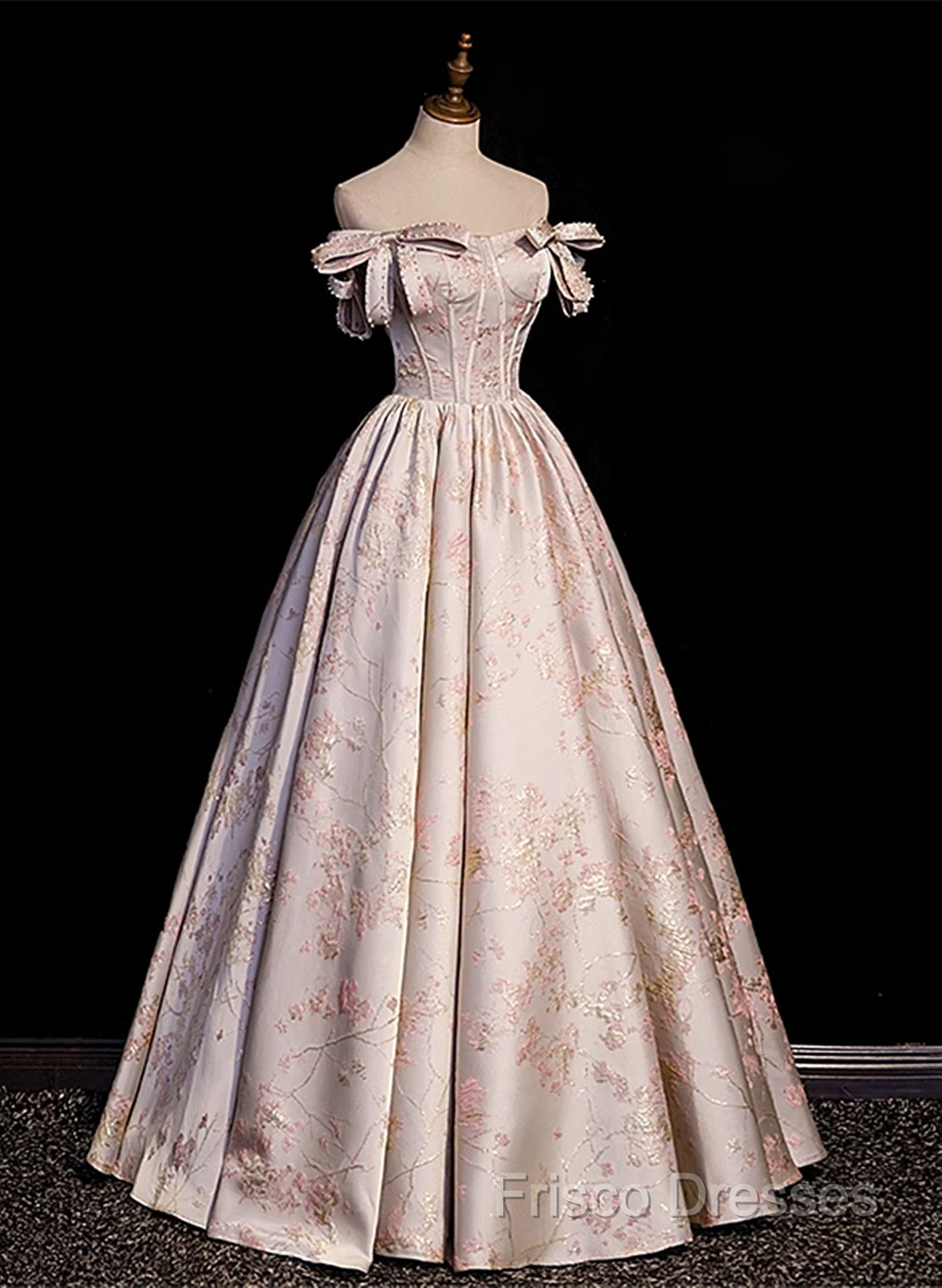 Pink Statin Off Shoulder Floral Long Party Dress, Pink Sweetheart Formal Prom Dress Formal Dress