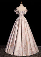 Pink Statin Off Shoulder Floral Long Party Dress, Pink Sweetheart Formal Prom Dress Formal Dress