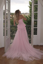 Elegant Pink Strapless 3D Flowers Tulle Mermaid Long Prom Dress With Slit