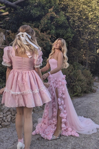 Elegant Pink Strapless 3D Flowers Tulle Mermaid Long Prom Dress With Slit