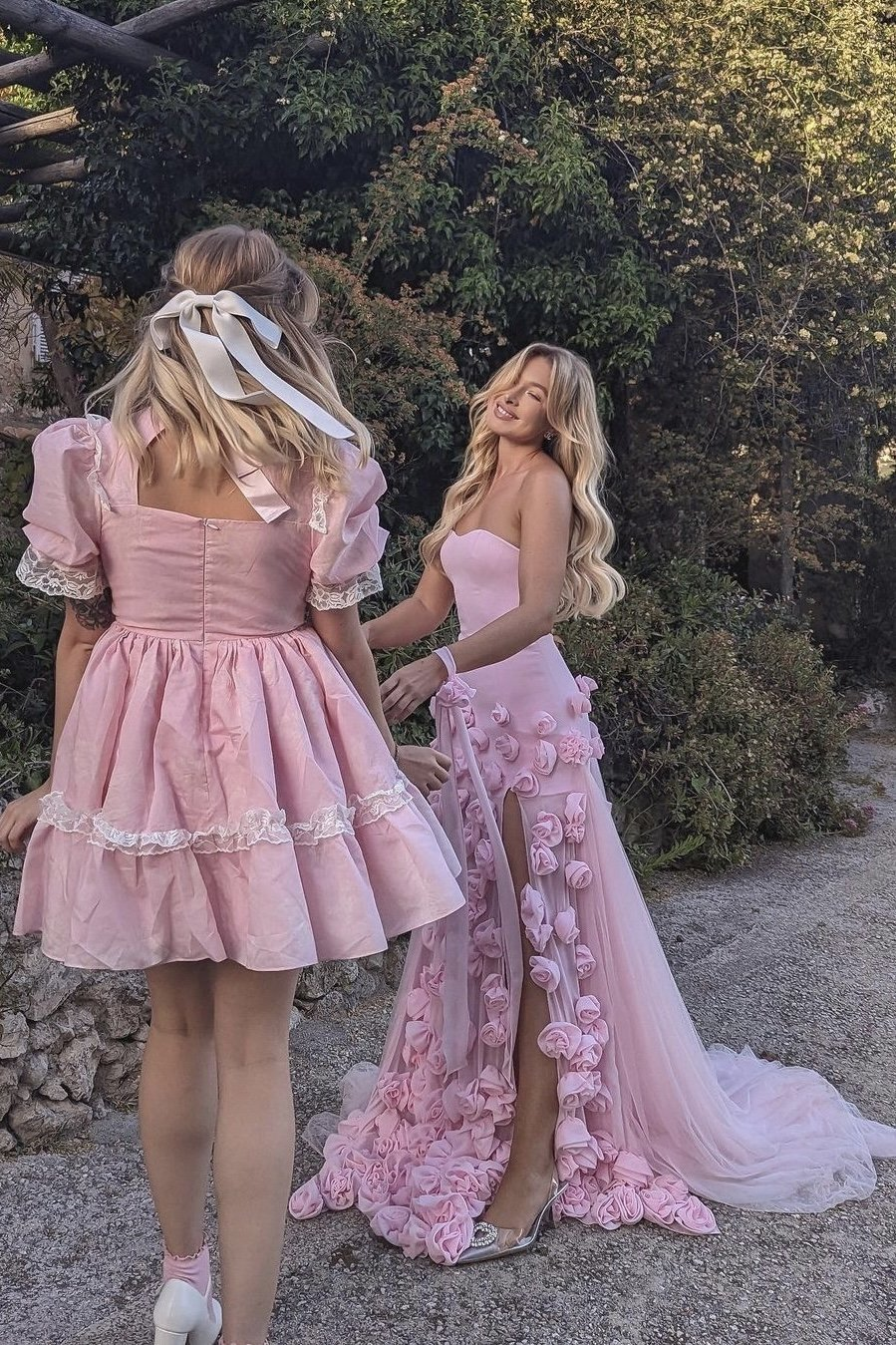 Elegant Pink Strapless 3D Flowers Tulle Mermaid Long Prom Dress With Slit