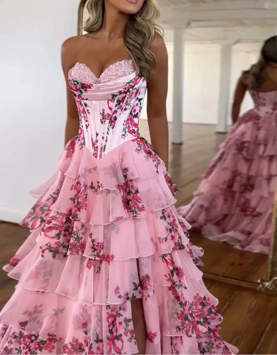 Pink Strapless A-Line Printing Tiered Chiffon Floral Long Prom Dress Secondary image