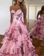 Pink Strapless A-Line Printing Tiered Chiffon Floral Long Prom Dress