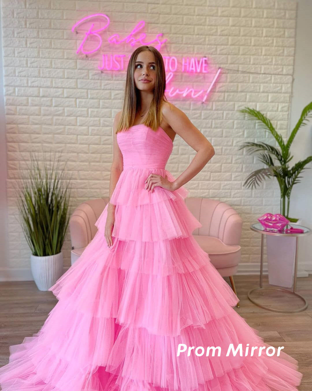 Pink Strapless Pleated Long Prom Evening Dresses,Tulle Formal Dance Gown Main image