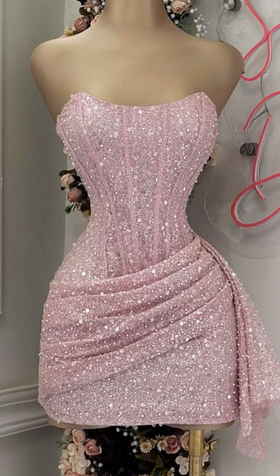 Pink Strapless Sequins Party Dress Mini Homecoming Dress Birthday Outfits Secondary image