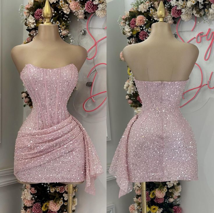 Pink Strapless Sequins Party Dress Mini Homecoming Dress Birthday Outfits Main image