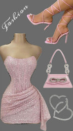 Pink Strapless Sequins Party Dress Mini Hoco Dress Birthday Outfits
