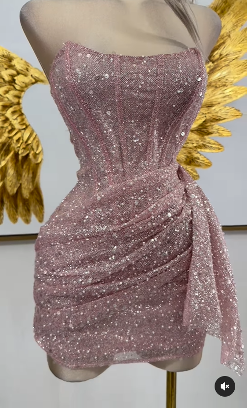 Pink Strapless Sequins Party Dress Mini Hoco Dress Birthday Outfits