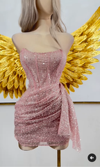 Pink Strapless Sequins Party Dress Mini Hoco Dress Birthday Outfits