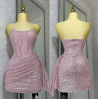Pink Strapless Sequins Party Dress Mini Hoco Dress Birthday Outfits