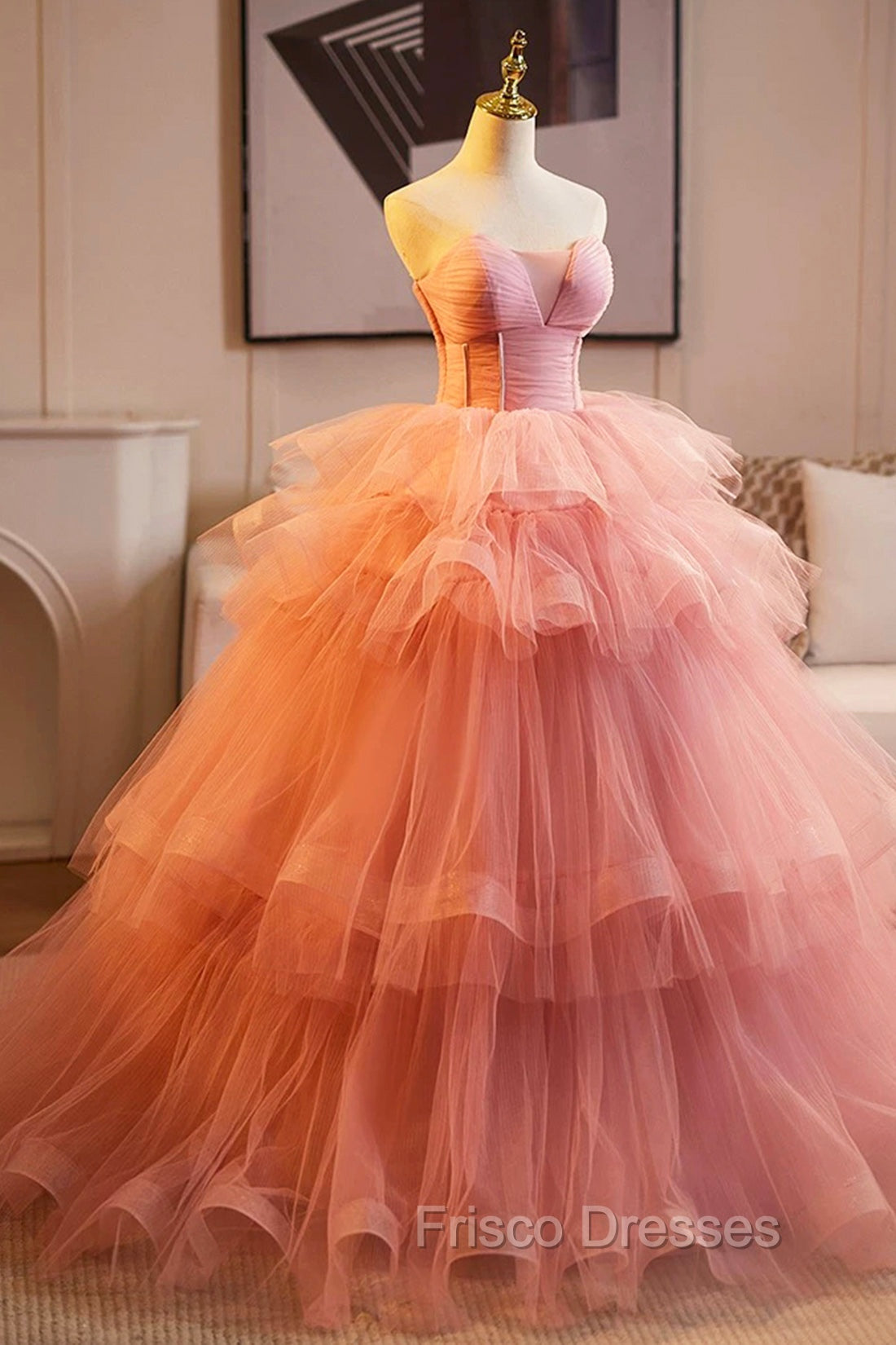 Pink Strapless Tulle Layers Ruffles Long Formal Prom Evening Dress, Pink Sweet 16 Dress