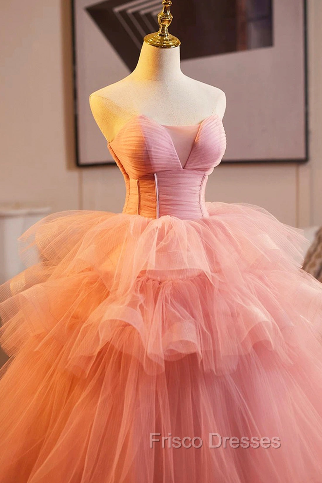 Pink Strapless Tulle Layers Ruffles Long Formal Prom Evening Dress, Pink Sweet 16 Dress