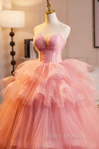 Pink Strapless Tulle Layers Ruffles Long Formal Prom Evening Dress, Pink Sweet 16 Dress