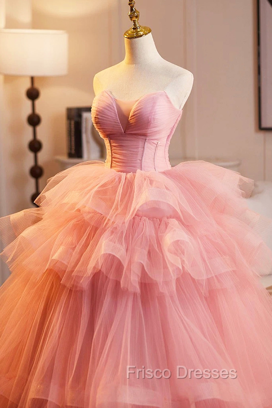 Pink Strapless Tulle Layers Ruffles Long Formal Prom Evening Dress, Pink Sweet 16 Dress