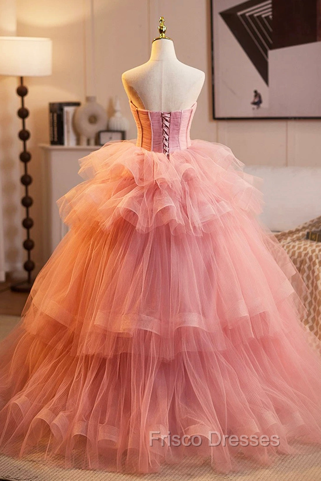 Pink Strapless Tulle Layers Ruffles Long Formal Prom Evening Dress, Pink Sweet 16 Dress