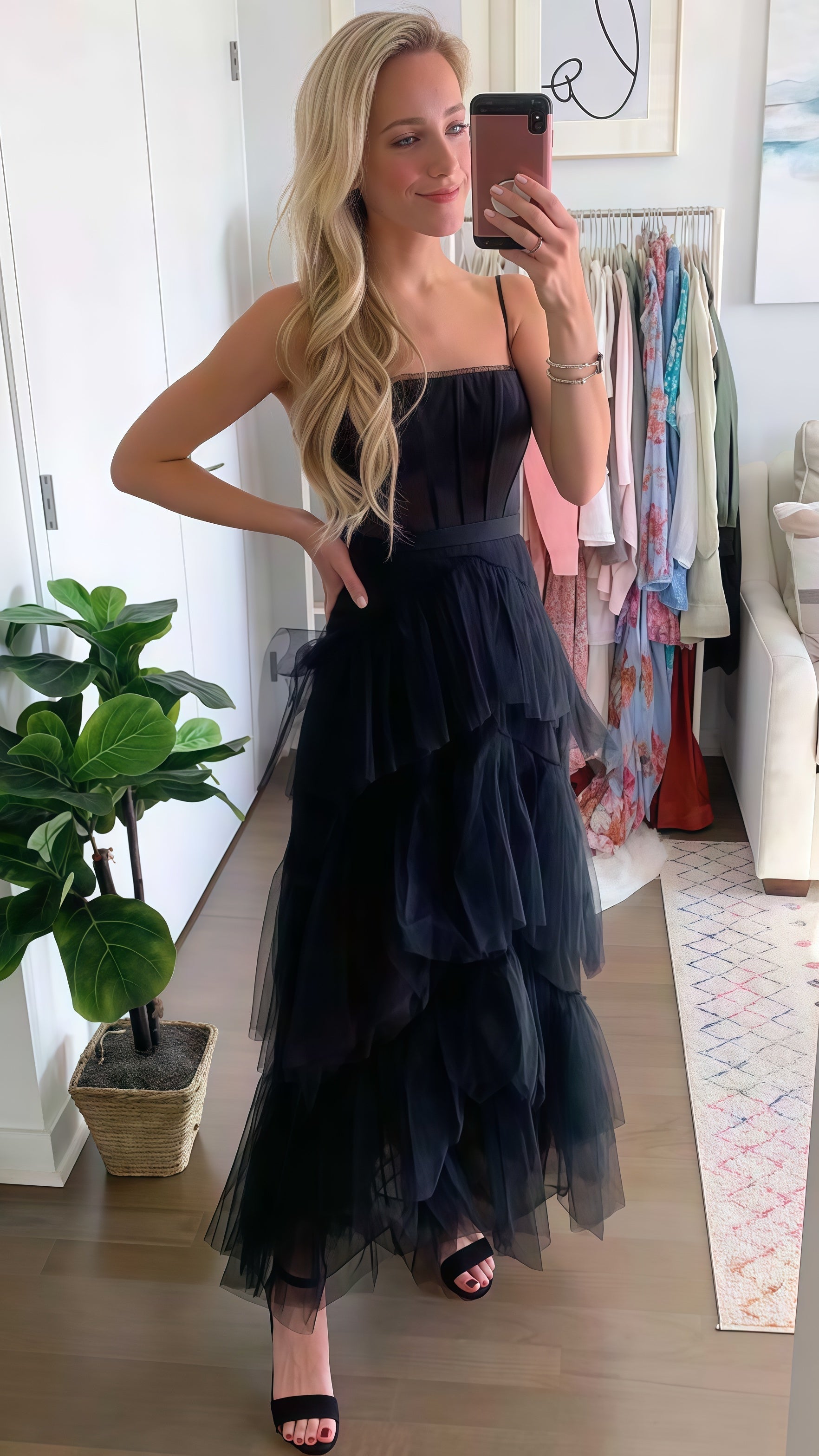 Pink Spaghetti Straps Tulle Long Prom Dress Evening Dresses Ruffles Full Length Dresses