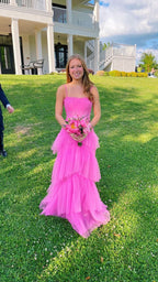 Pink Spaghetti Straps Tulle Long Prom Dress Evening Dresses Ruffles Full Length Dresses