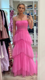 Pink Spaghetti Straps Tulle Long Prom Dress Evening Dresses Ruffles Full Length Dresses