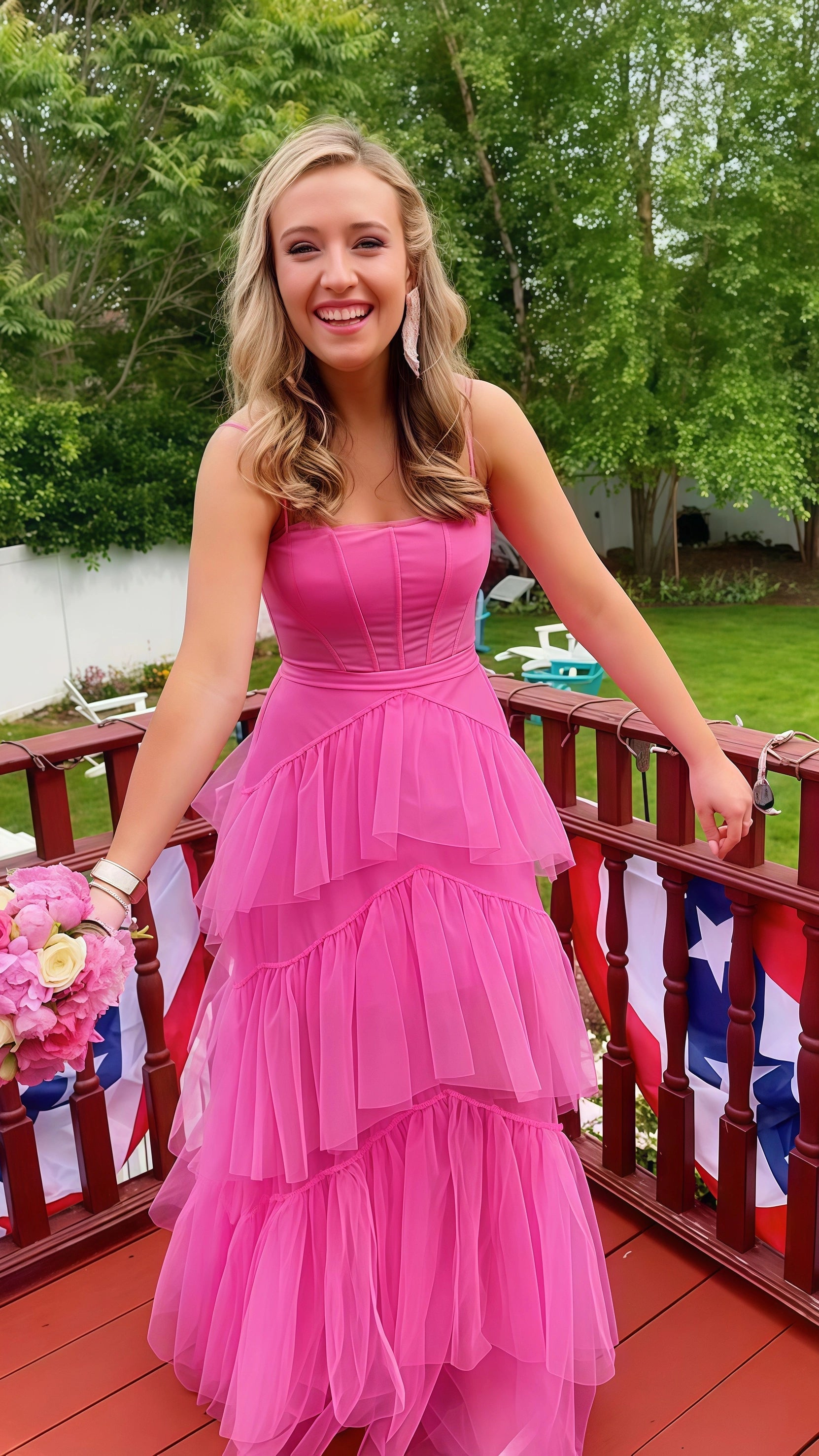 Pink Spaghetti Straps Tulle Long Prom Dress Evening Dresses Ruffles Full Length Dresses