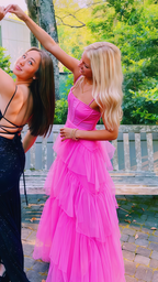 Pink Spaghetti Straps Tulle Long Prom Dress Evening Dresses Ruffles Full Length Dresses