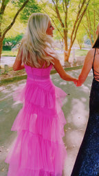 Pink Spaghetti Straps Tulle Long Prom Dress Evening Dresses Ruffles Full Length Dresses