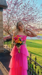 Pink Spaghetti Straps Tulle Long Prom Dress Evening Dresses Ruffles Full Length Dresses