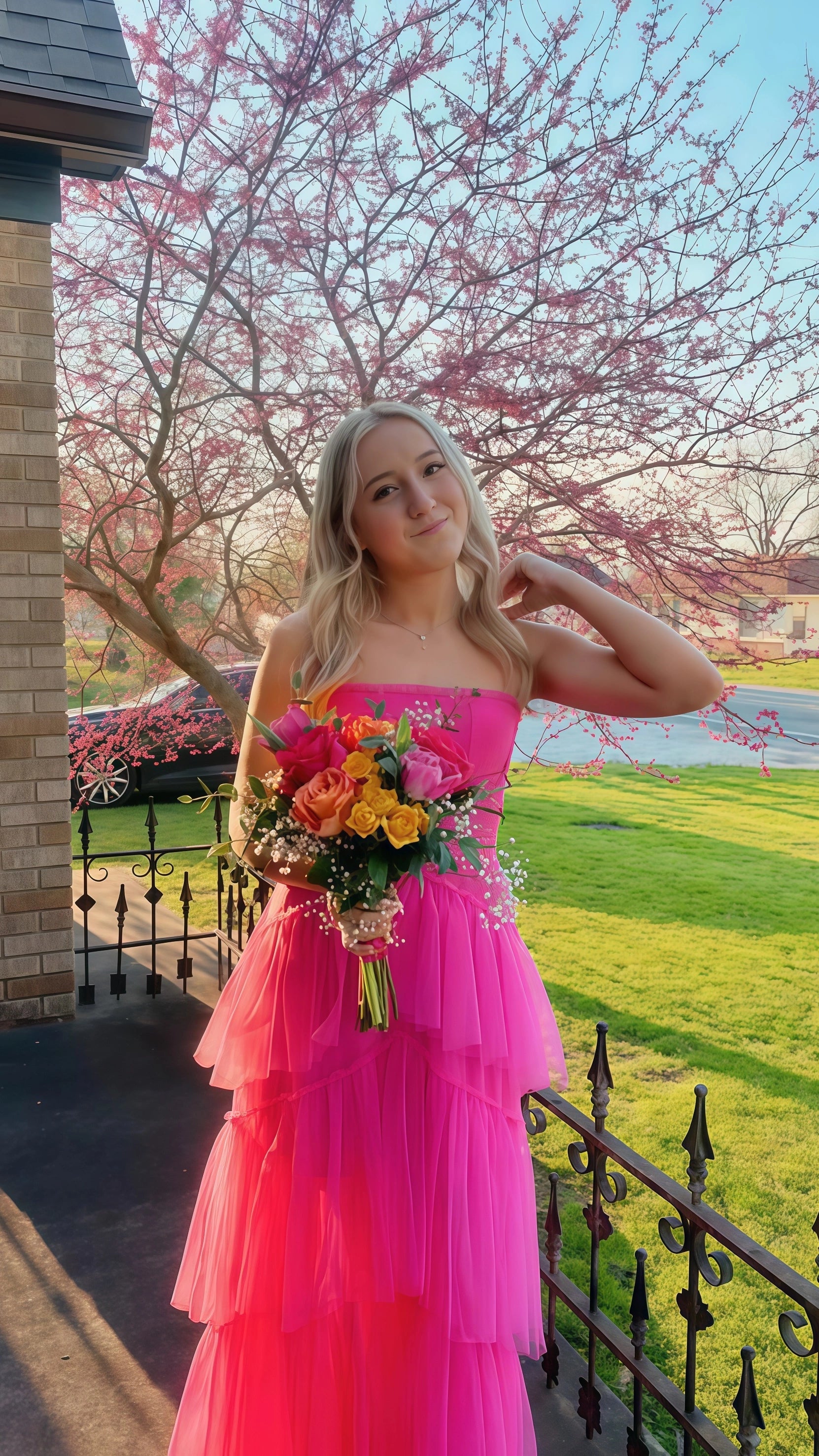 Pink Spaghetti Straps Tulle Long Prom Dress Evening Dresses Ruffles Full Length Dresses