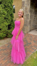 Pink Spaghetti Straps Tulle Long Prom Dress Evening Dresses Ruffles Full Length Dresses